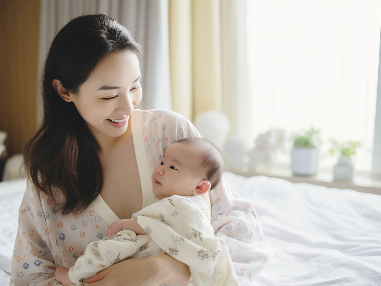 Smiling woman breastfeeding her baby